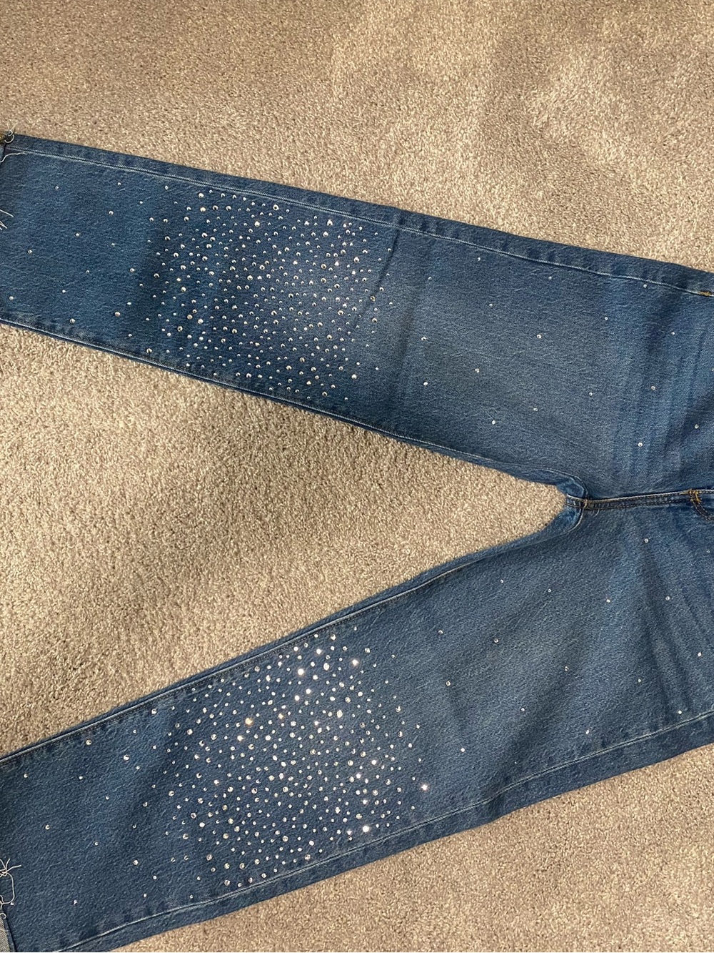 LOFT Rhinestone Straight-Leg High-Rise Jeans in Blue Denim